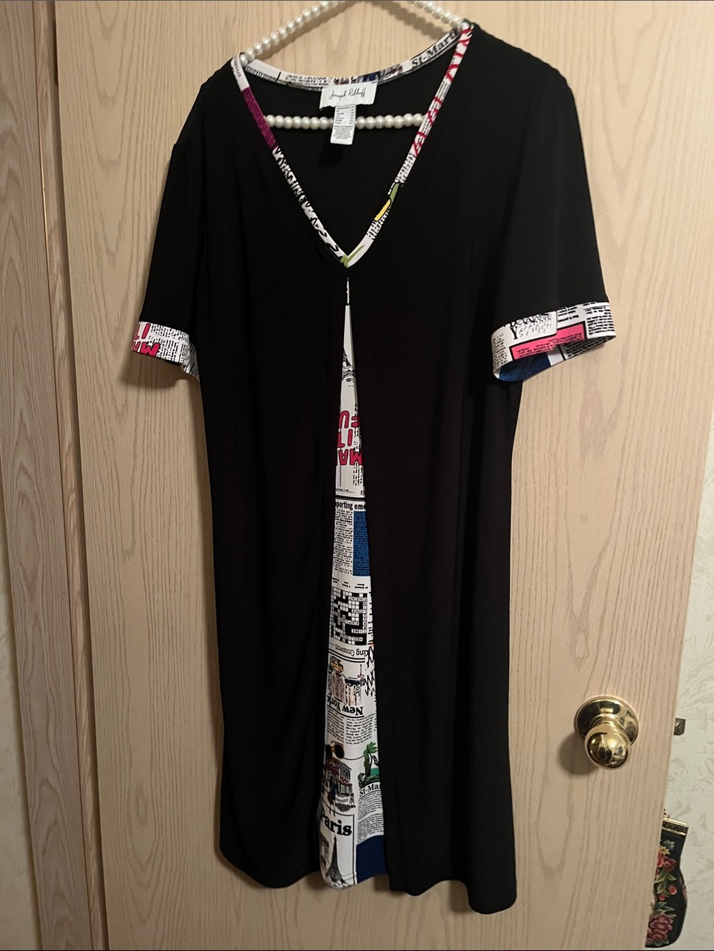 Joseph Ribkoff Black Midi Dress with Newspaper-Print Trim